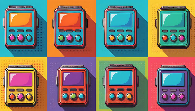 Retro Device Grid: Colorful Screens and Buttons, Pop Art Style.