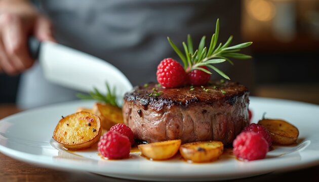 Naklejki Gourmet steak dish served on white plate with potatoes and raspberries by chef. Elegant meal with rosemary garnish, fine dining experience. Culinary art for restaurant menu or food blog.