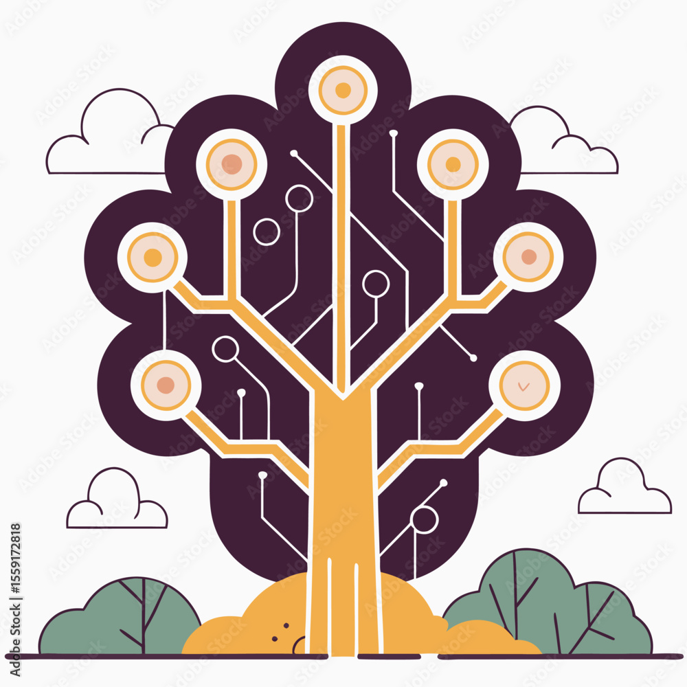 Poster digital tree of knowledge with circuitry and clouds