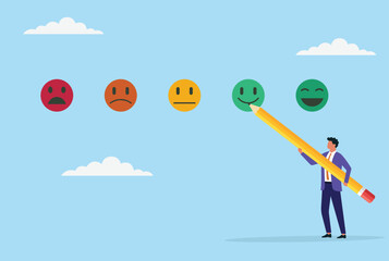 Vector illustration of a businessman drawing a feedback emoji face with a giant pencil, representing customer feedback, satisfaction, and effective business communication
