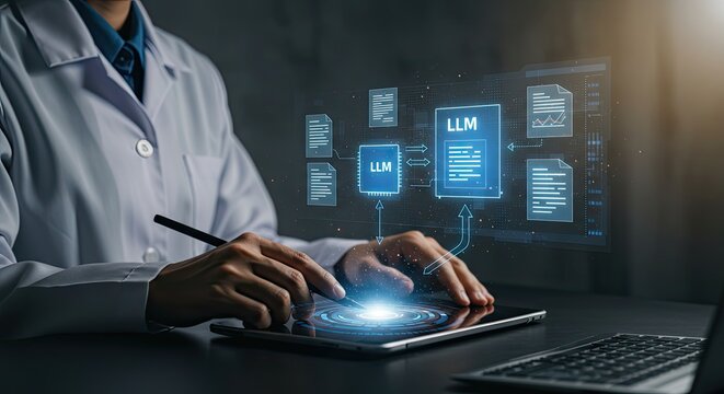 Data Processing Architecture of a Large Language Model (LLM): Scientist Analyzing Text Processing and Data Flow on a Holographic Interface with a Tablet for AI Research.