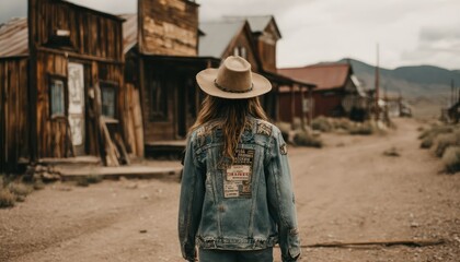 A lone figure wandering through a rustic western town evoking nostalgia and exploration