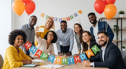 Photo of a diverse group of cheerful coworkers celebrates a birthday with cake and balloons in the office