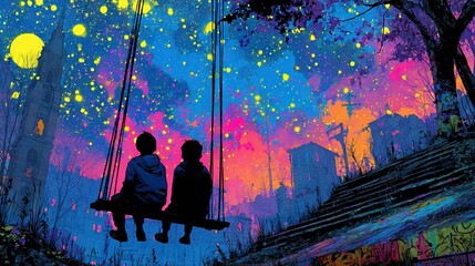  Two people sit on a swing under a star-filled night sky with exploding firecrackers in a painting