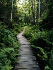 Obraz premium Immersive Wooden Walkway Winding Through Verdant Forest Canopy – Eco-Conscious Visual for Sustainable Wellness and Digital Retreat Campaigns