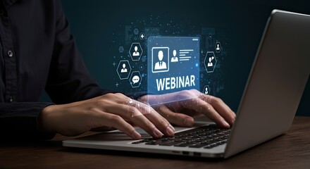 Joining an Online Webinar for Virtual Training: Person Using a Laptop with a Holographic Interface to Attend a Webinar for Remote Learning, Seminars, and Digital Events.