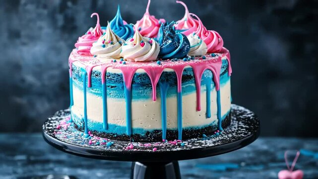 A vibrant cake with pink and blue frosting, perfect for celebrations.