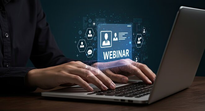 Joining an Online Webinar for Virtual Training: Person Using a Laptop with a Holographic Interface to Attend a Webinar for Remote Learning, Seminars, and Digital Events.
