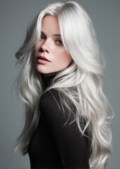 Fototapeta premium Portrait of a woman with flowing silver hair, captured in a studio setting with soft lighting