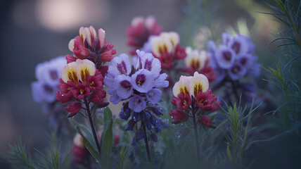 Colorful wildflowers with water droplets purple flowers