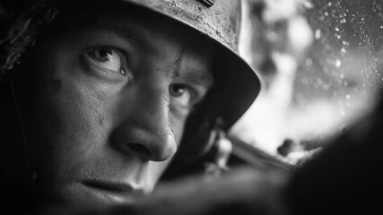 Intense close-up of soldier's face wartime helmet.  World War II soldier portrait shows determination.  Dramatic black and white image perfect for documentary film or historical book.