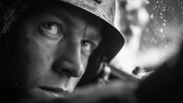 Intense close-up of soldier's face wartime helmet.  World War II soldier portrait shows determination.  Dramatic black and white image perfect for documentary film or historical book.
