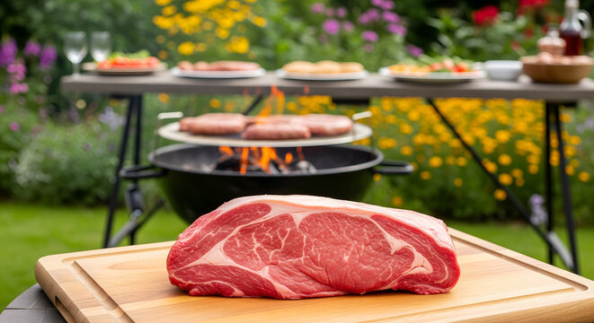 barbeque grilling party of beef steak meat outdoors in the garden