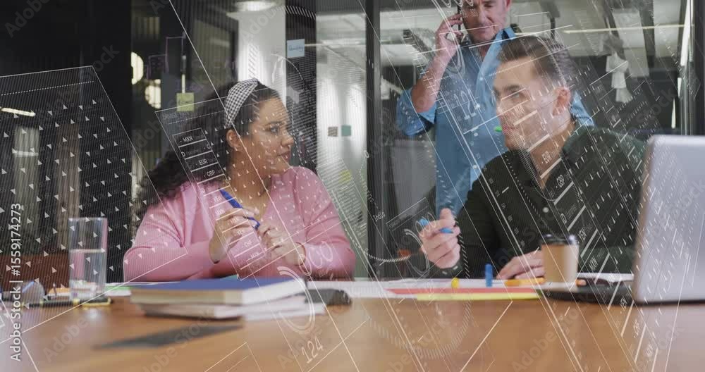 Poster seated man underlining data in business meeting for teamwork with nodding woman and animated chart