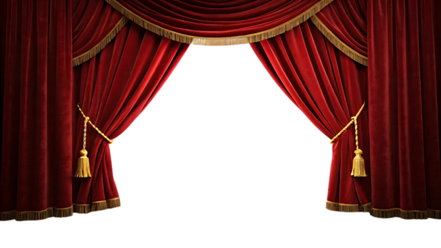 Red velvet stage curtains with gold trim open
