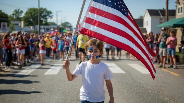 Young child with face painted red, white, and blue running with flag in front of local parade