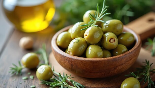 Fresh green olives served in rustic wooden bowl with herbs, olive oil. Mediterranean appetizer ingredient for healthy eating. Vegetarian organic food. - Powered by Adobe