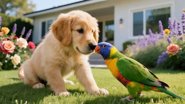 Un adorable cachorro golden retriever  interactúa suavemente con un pequeño loro 