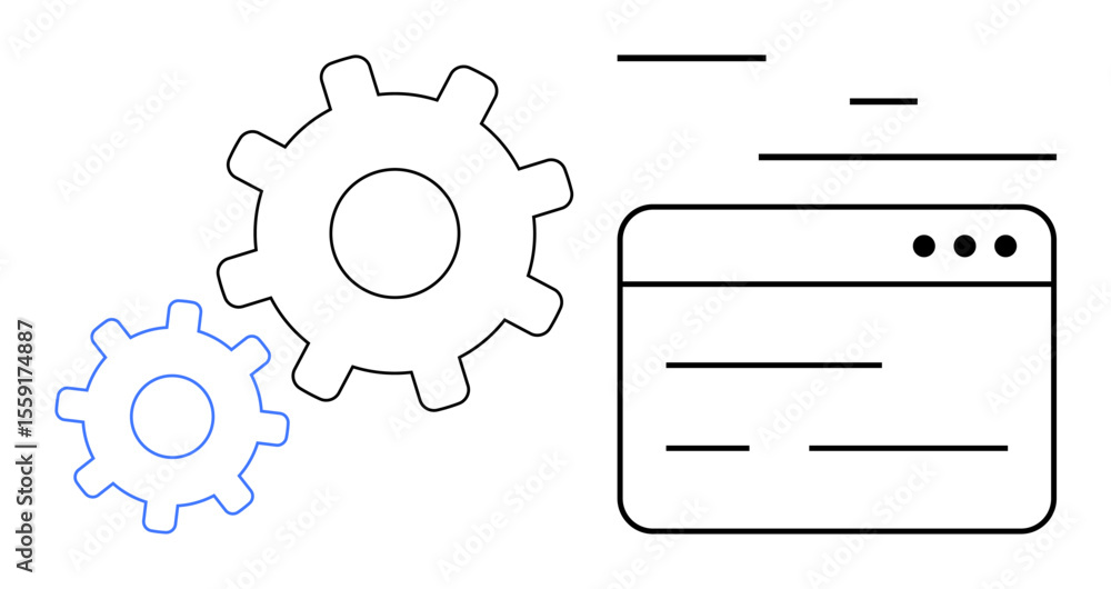 Poster two interlocking gears beside a browser window with minimal lines convey teamwork, process, and syst