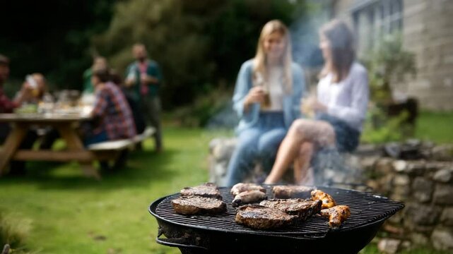 Delicious barbecue is cooking in the foreground while friends enjoy socializing at a summer garden party. Perfect summer party: a smoking grill with meat and happy people relaxing in the background.