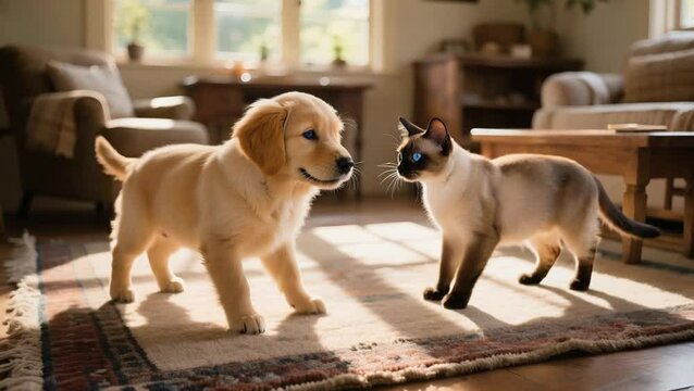 Un cachorro  y un gato siamés  juegan en el living de una casa campestre