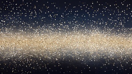 Obraz premium A shimmering wallpaper filled with sparkling gold and silver glitter dust, twinkling against a dark navy blue gradient. The soft-focus glow and scattered sparkles create a glamorous and elegant festiv