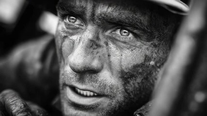 Close up portrait soldier mud face war documentary intense gaze.  Grimy soldier wartime image depicts powerful emotions.  Photo ideal for historical documentaries or war remembrance projects.