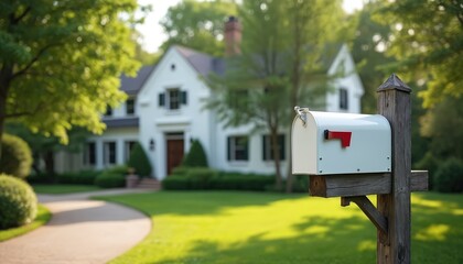 White mailbox on wooden post. Green grass lawn, trees, and a house create suburban landscape. Sunny day. Front yard with path leading to a residential home. Ideal for illustrating postal service.