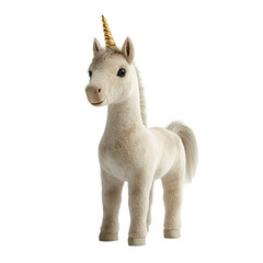 Fototapeta premium Cream colored plush unicorn toy with gold horn standing on black background