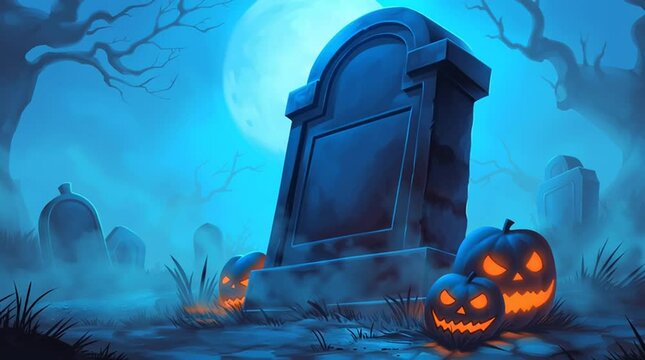 Cartoon halloween tombstone with glowing pumpkin, black trees and big moon. Spooky season horizontal video