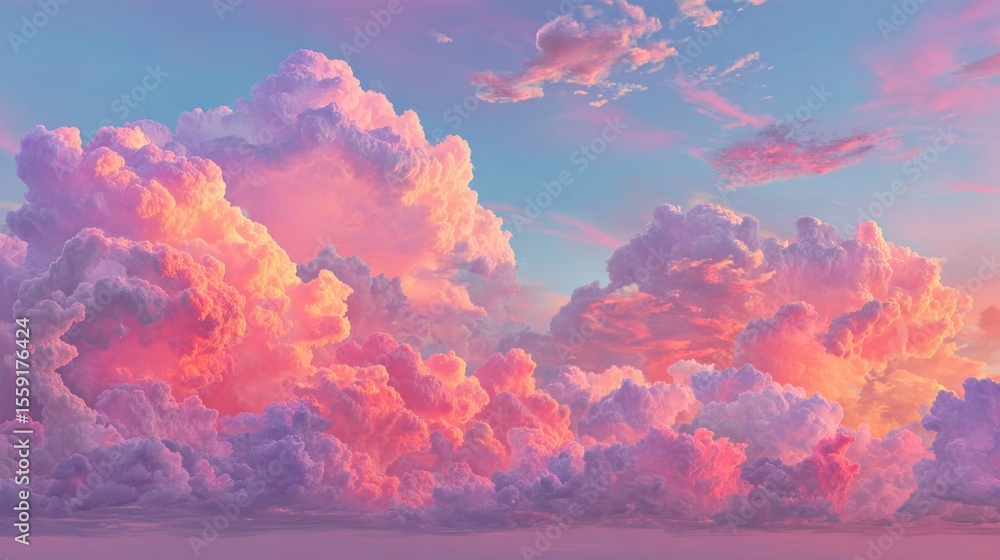 Poster a beautiful pink and purple sky with fluffy clouds. the sky is filled with clouds of different sizes