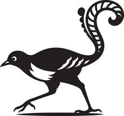 Ornate bird silhouette black and white design, Decorative flying bird vector sketch