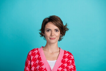 Photo portrait of attractive young woman look camera dressed stylish red clothes isolated on...