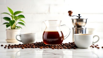 Obraz premium Still life of coffee beans with coffee maker and cups on a white marble surface with a plant pot