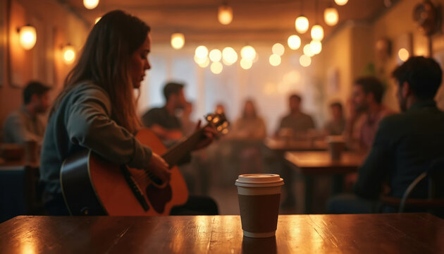 Cozy cafe atmosphere with live acoustic guitar performance. Musician plays instrument for small audience. Relaxing evening in warm, intimate venue, featuring coffee. Music, talent, social gathering.