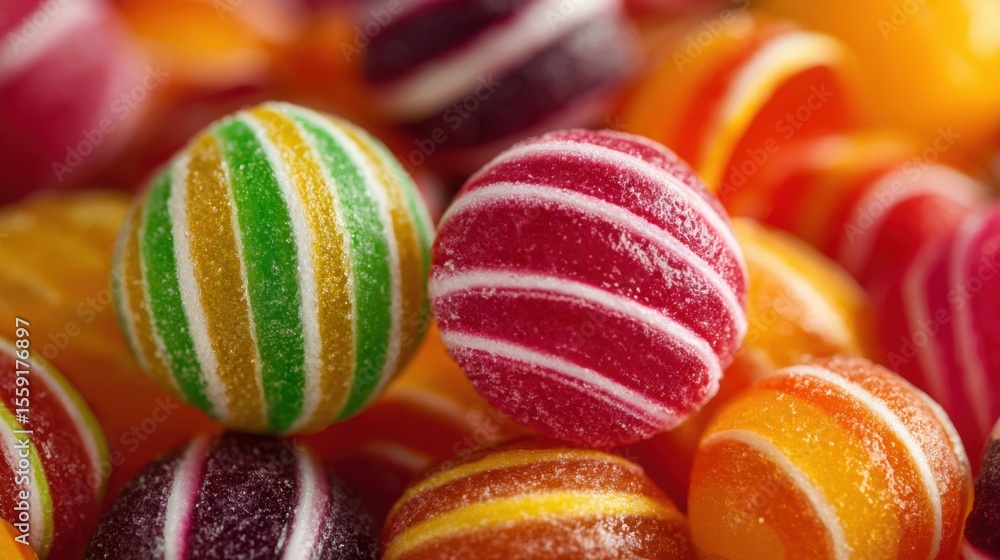 Poster a bunch of colorful candy balls with stripes. the candy balls are of different colors and sizes. the