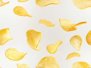 Seamless Pattern With Golden Potato Chips Floating Against a White Backdrop