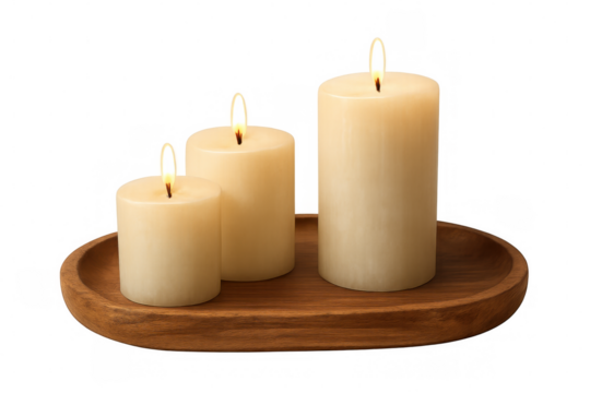Varying height paraffin candles glowing on rustic wooden tray, positioned against transparent backdrop