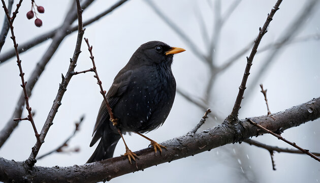Black bird perched on leafless tree branch - Powered by Adobe