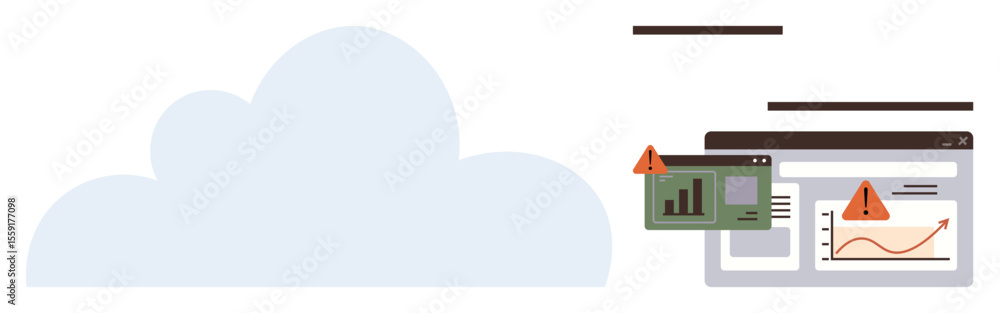 Poster large cloud beside dashboards showing warning alerts and analytics graphs. ideal for cloud storage, 