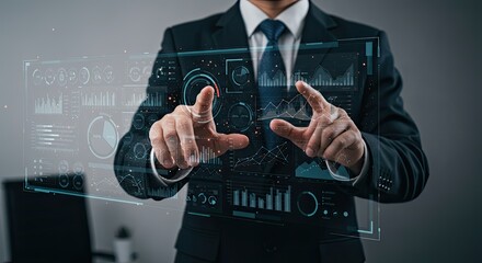 KPI Dashboard for Business Performance Analysis: Manager Analyzing a Holographic KPI Dashboard with Gauges, Charts, and Metrics to Track Progress Against Strategic Goals.