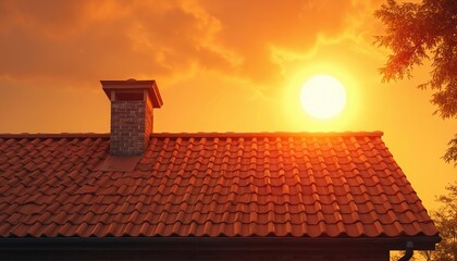 House roof under scorching sun with bright orange sky in summer heatwave. Visible heat waves rising from rooftop. Hot weather, climate change, global warming concept.
