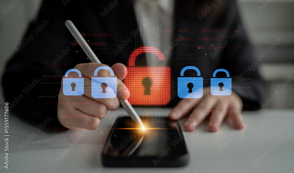 Poster digital security concept illustrating a cybersecurity breach, with a red unlocked padlock indicating