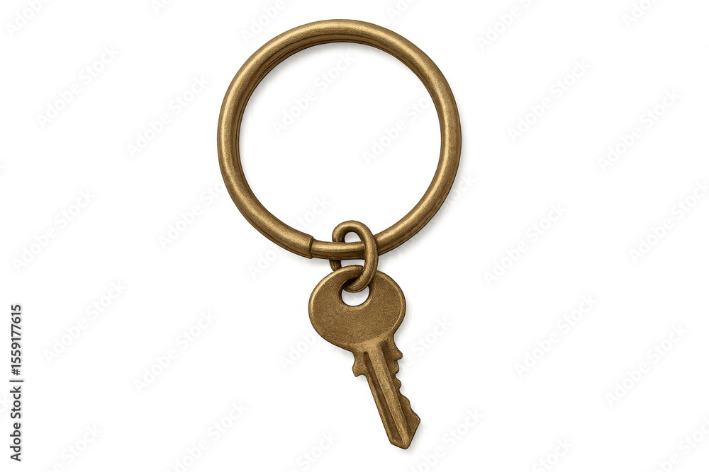 Poster golden key dangling from metallic keyring against transparent backdrop, suitable for digital design 
