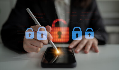 Digital security concept illustrating a cybersecurity breach, with a red unlocked padlock...