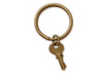 Golden key dangling from metallic keyring against transparent backdrop, suitable for digital design compositions
