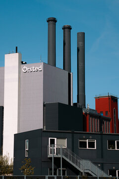 Copenhagen, Denmark,  April 26, 2025.  &Oslash;rsted Power plant in Urban copenhagen denmark, under blue skies