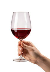 Hand holding glass of red wine isolated on transparent background, elegant drink
