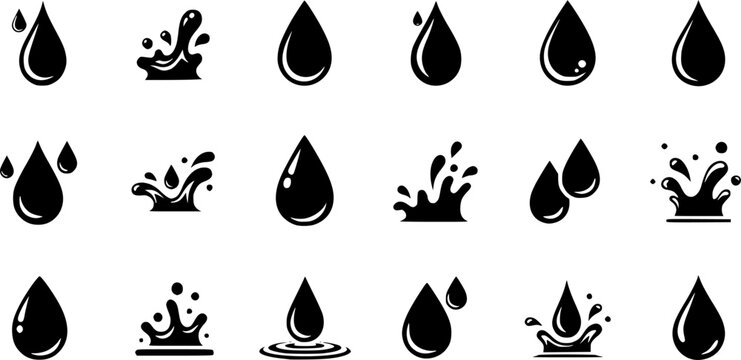 Black and white vector icons depicting water droplets and water splashes in a simple silhouette style
