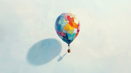 Illustrated colorful hot air balloon stitched from patchwork fabric rising into a clean sky, casting a rainbow-shaped shadow below, symbolizing emotional resilience, diversity, and imaginative flight